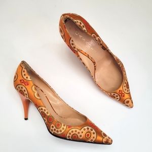 Casadei Vintage 90s Y2K Satin Jacquard Pointed Toe Heels sz 8